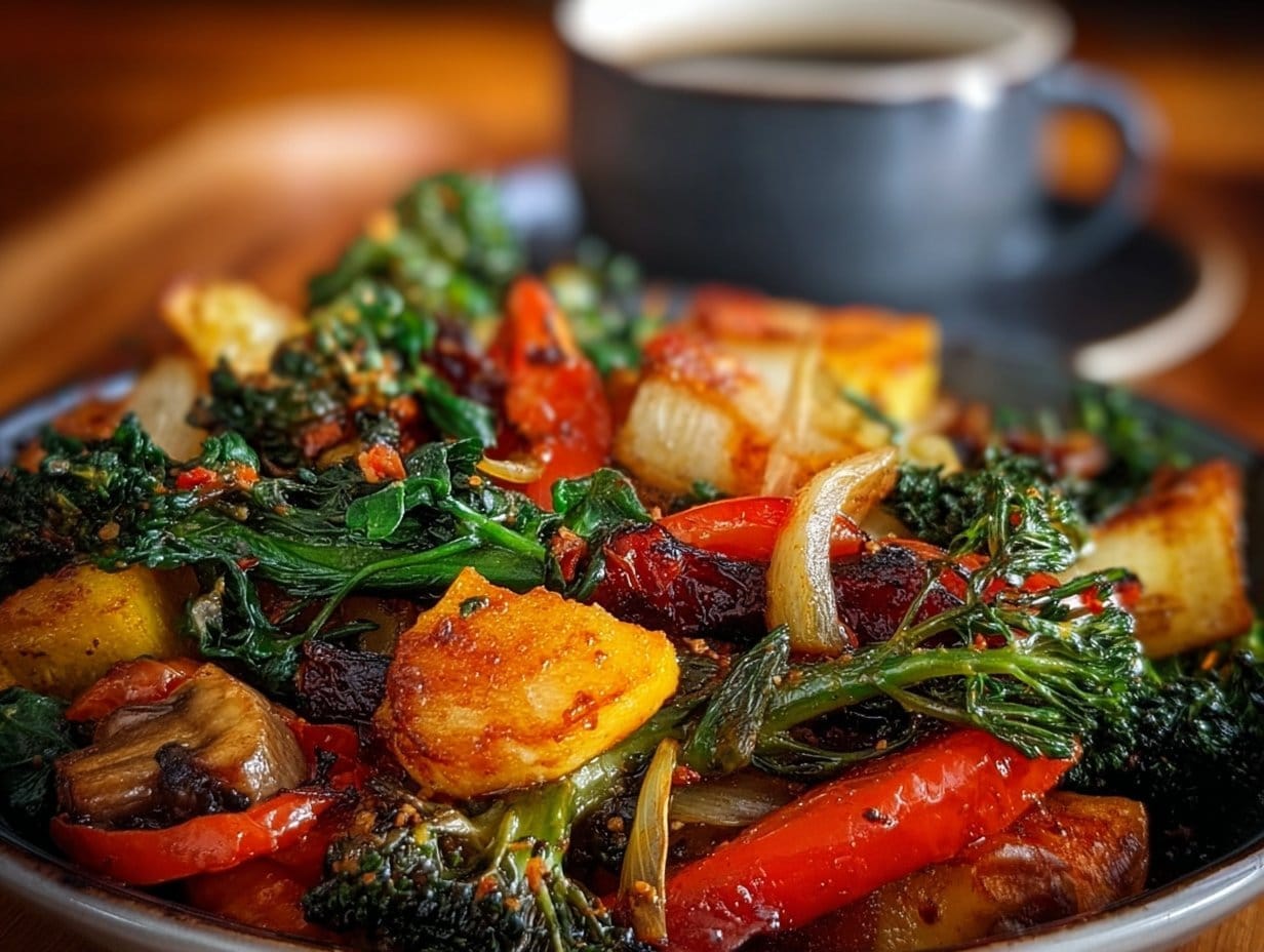 Healthy Sautéed Vegetables in a colorful bowl, showcasing vibrant ingredients.