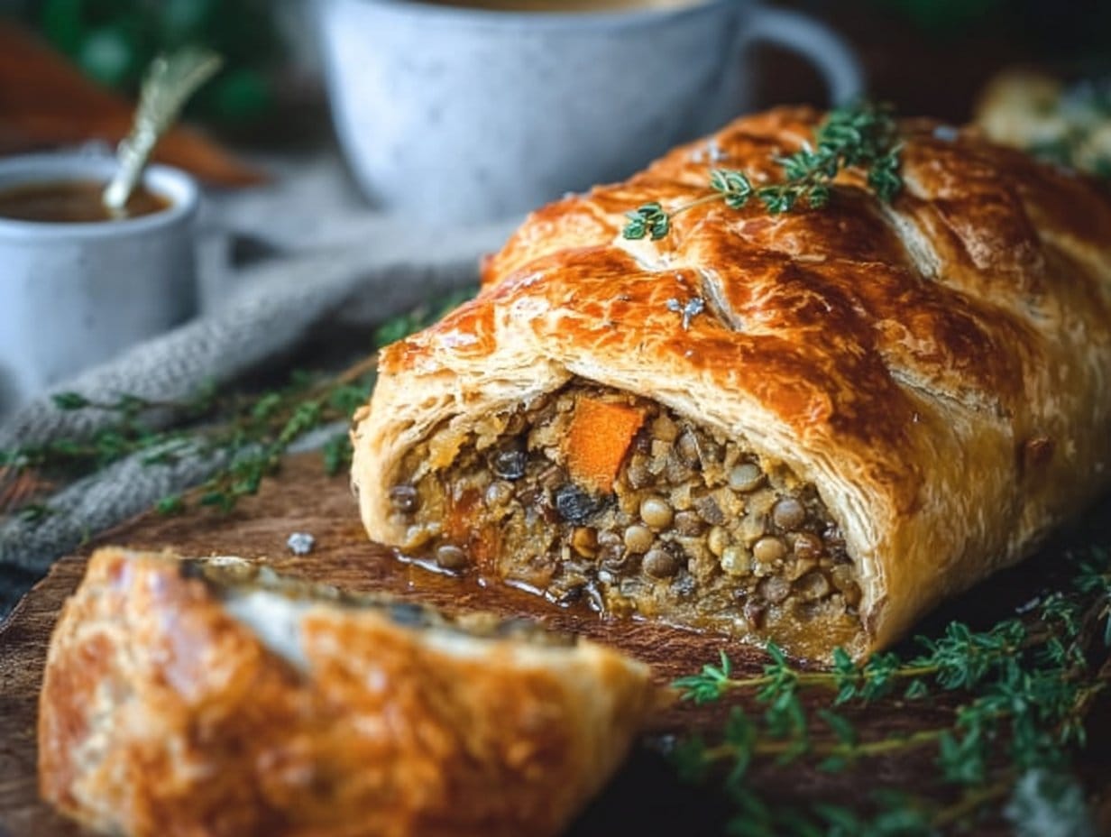 Flaky Vegan Lentil Wellington, a delicious plant-based dish perfect for any occasion.