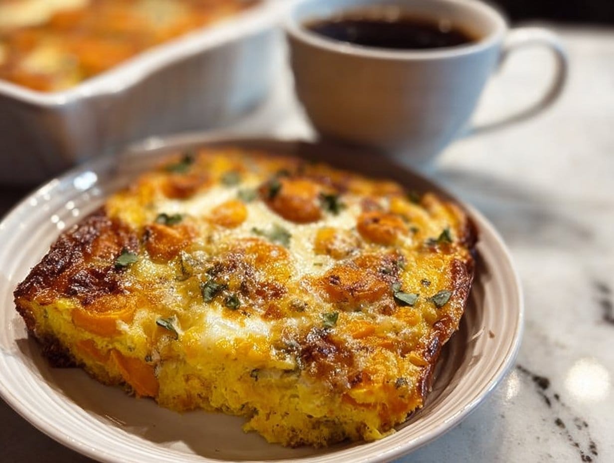 A close-up shot of Easy Sweet Potato Egg Casserole, showcasing layers of sweet potatoes and cheese melted to perfection.