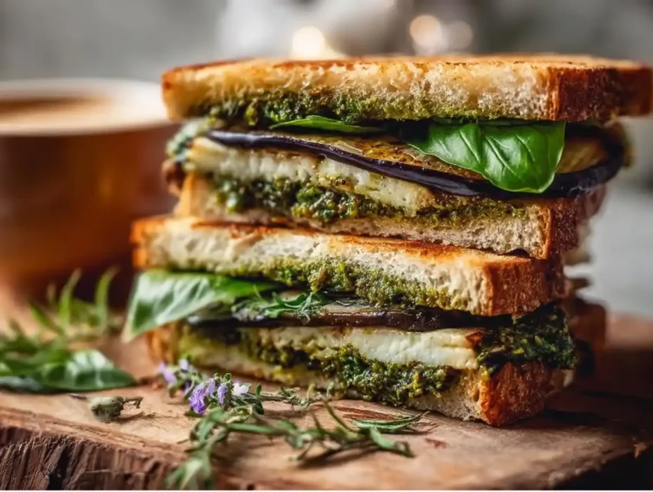 A delightful Eggplant Pesto Sandwich with melted mozzarella and roasted eggplant.