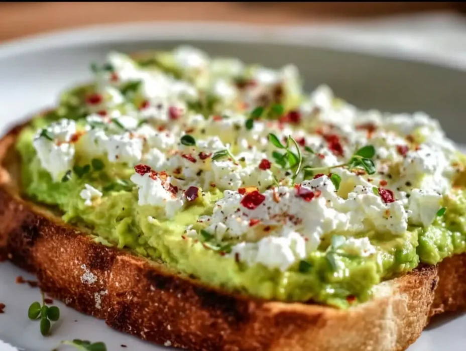 Avocado Cottage Cheese Toast topped with fresh herbs