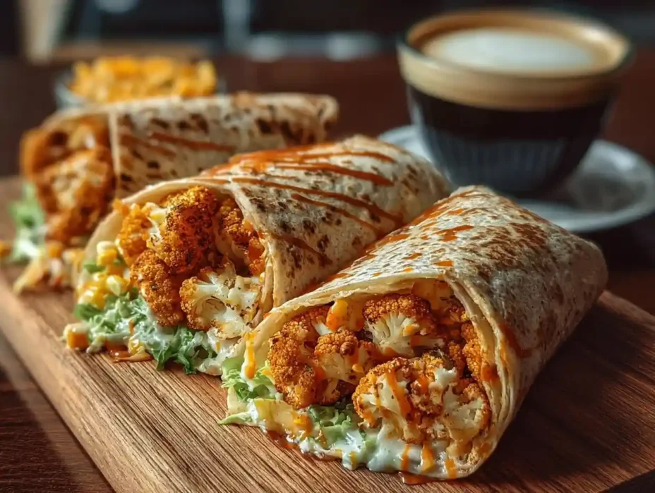 Buffalo Cauliflower Wrap Delight with crispy cauliflower and fresh greens.