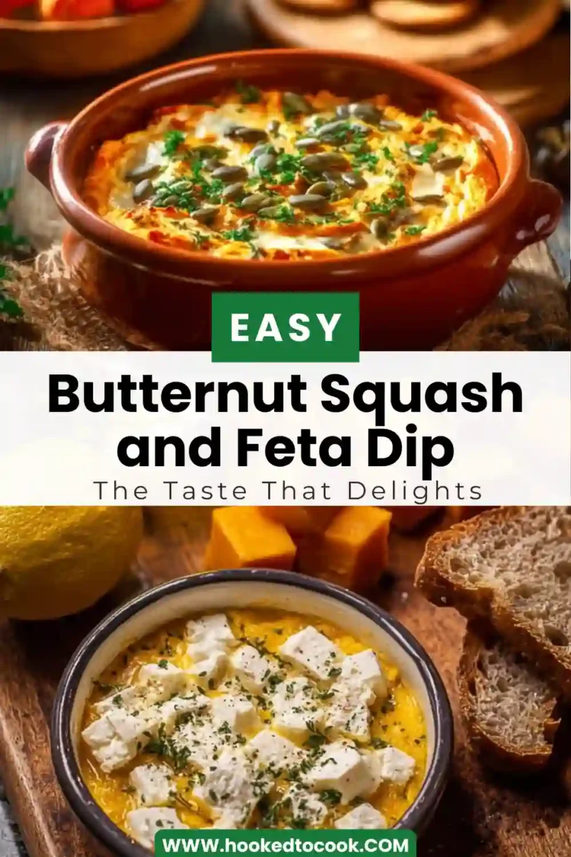 A vibrant bowl of Butternut Squash and Feta Dip garnished with herbs and olive oil, pinterest pin