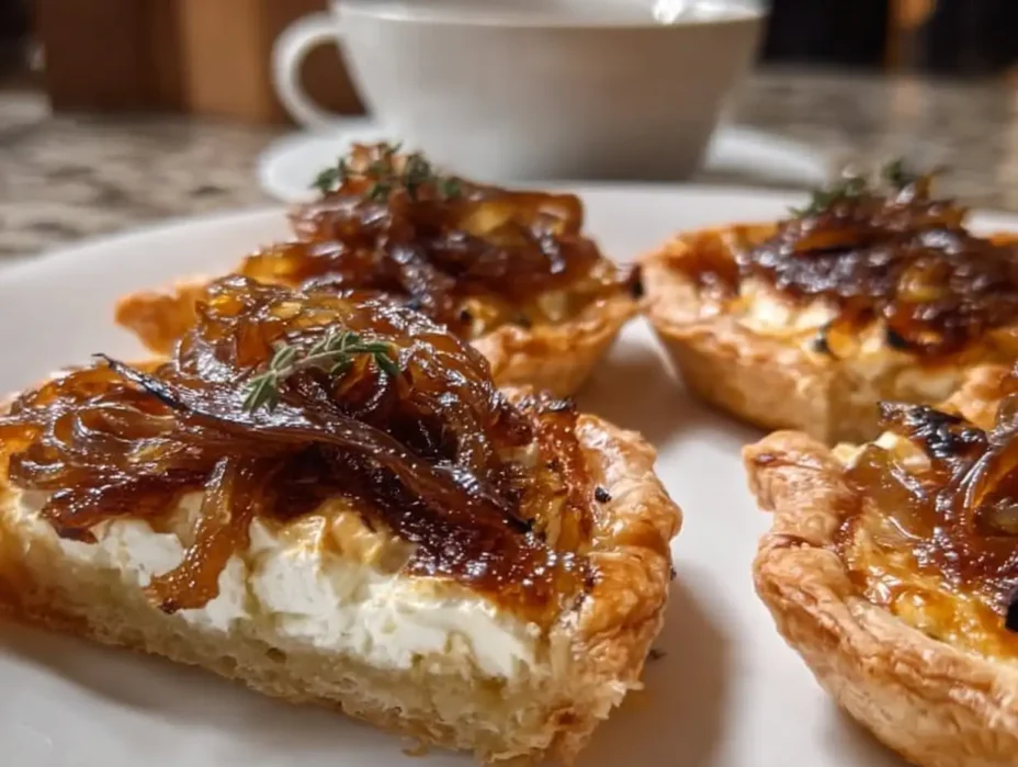 Delicious Caramelized Onion Goat Cheese Tarts for Parties made with puff pastry served