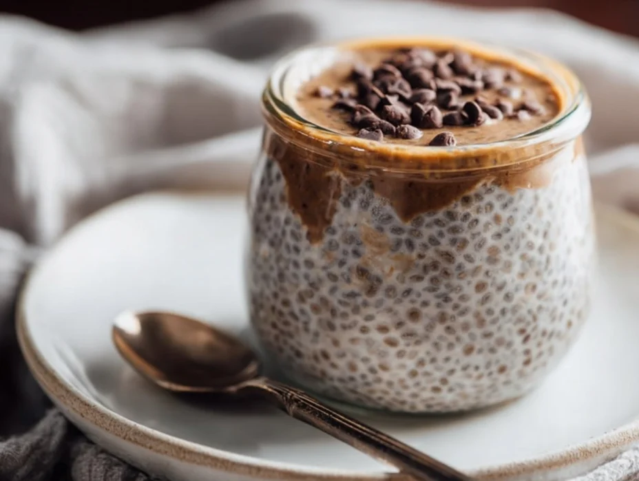 Chia pudding topped with dark chocolate shavings captures delightful coffee flavor in every spoonful.