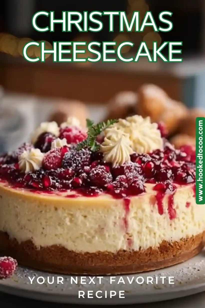 A festive Christmas cheesecake topped with cranberry jam, showcasing a deliciously creamy texture and holiday spirit.