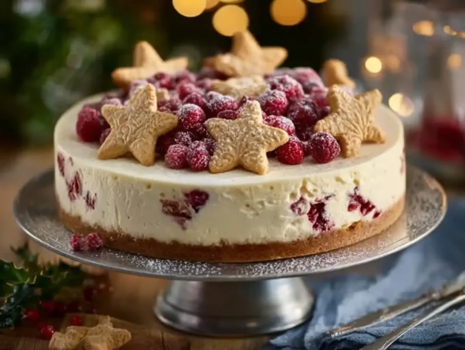 Delicious Christmas Cheesecake decorated with festive toppings and served on a holiday table