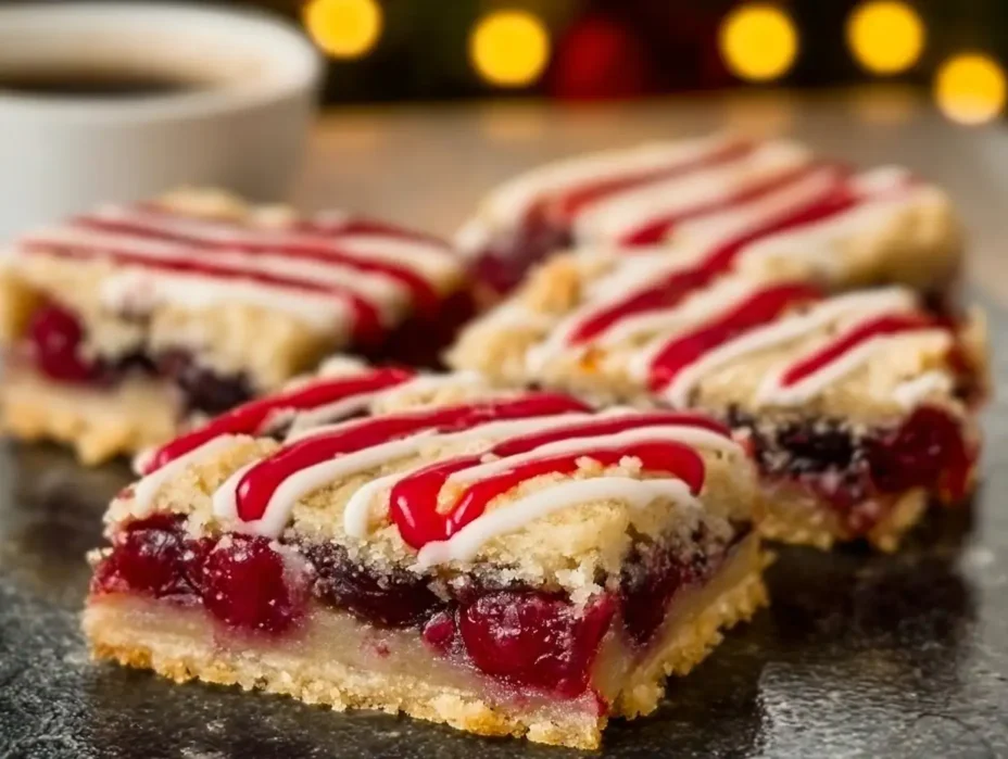 Christmas Cherry Bars drizzled with almond glaze.
