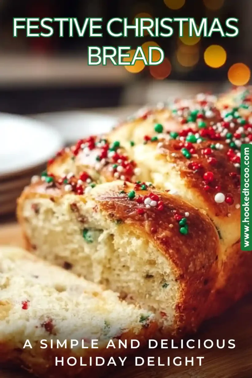 A stunning loaf of Festive Christmas Bread decorated with powdered sugar, showcasing dried fruits and nuts.