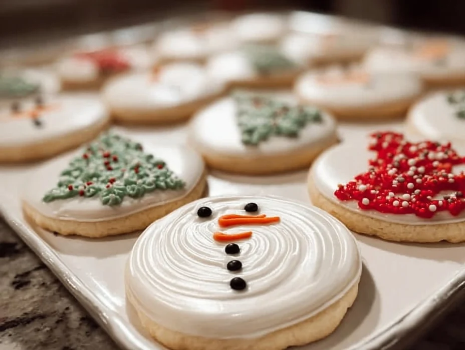Christmas sugar cookies decorated with icing and edible decorations.