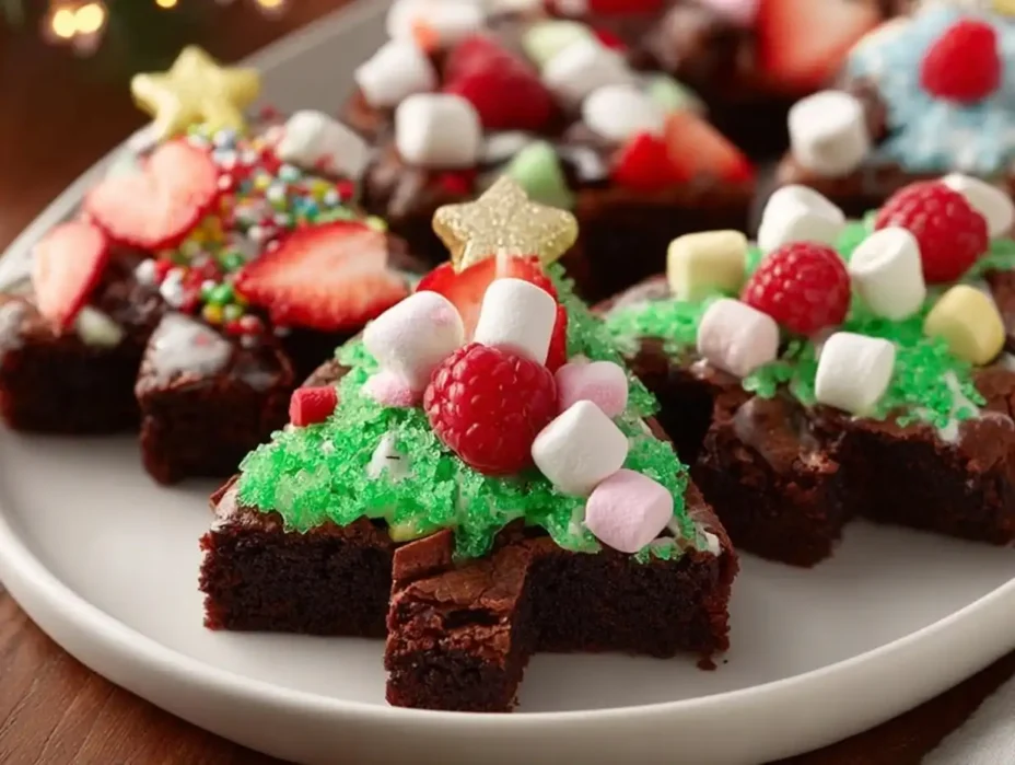 Festive Christmas tree brownies decorated for the holiday season