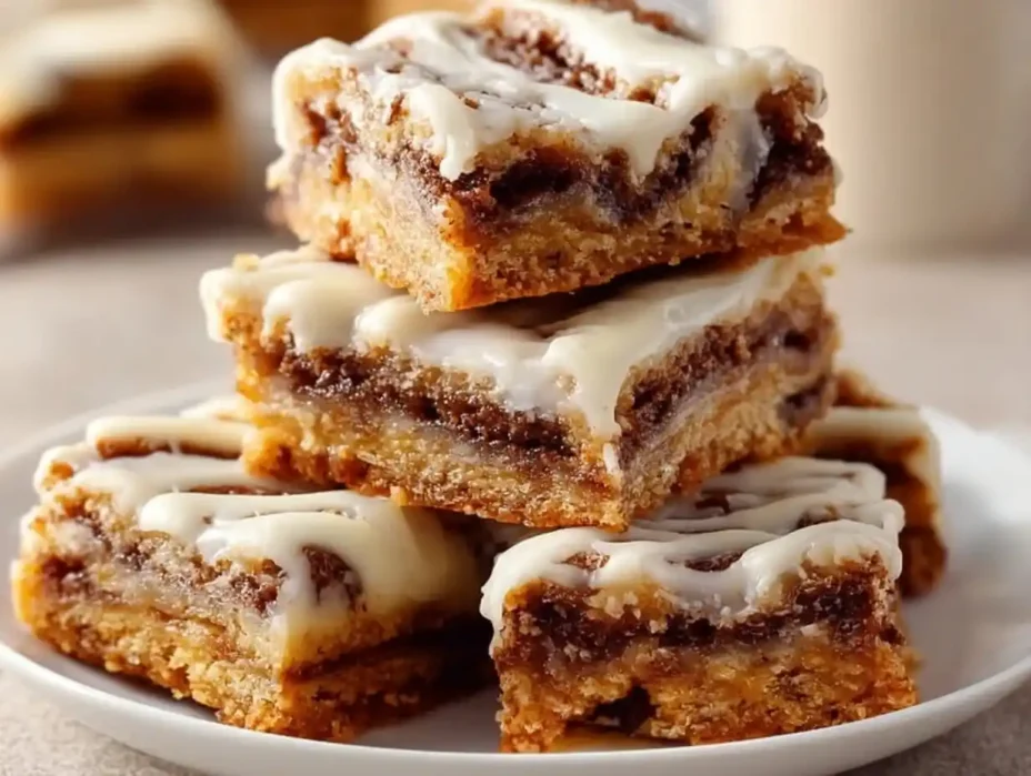 Delicious cinnamon roll bliss bars topped with icing on a rustic wooden table.
