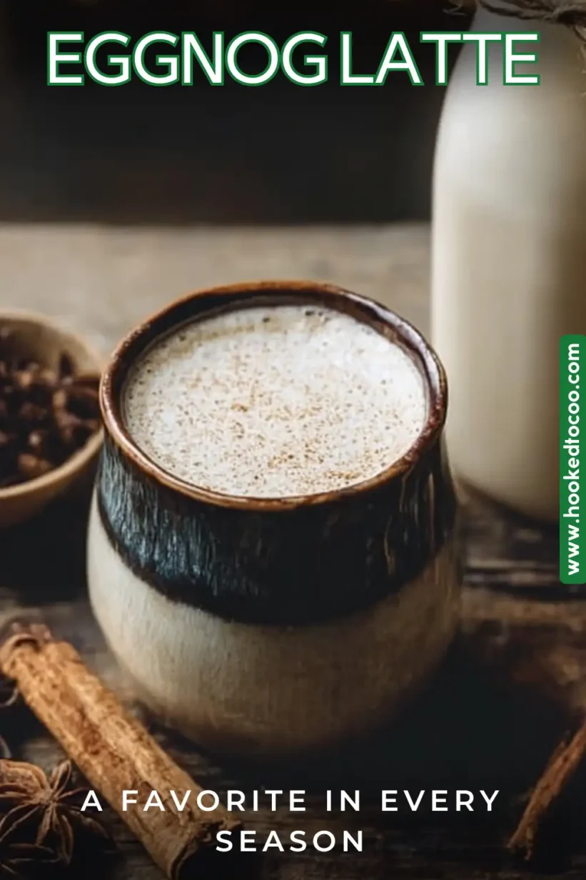 Cozy Eggnog Latte topped with whipped cream and nutmeg. Perfect for the holiday season!