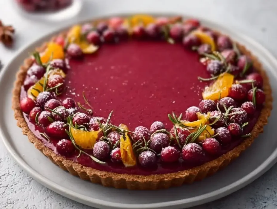 Vegan Cranberry Curd Tart served on a rustic wooden table
