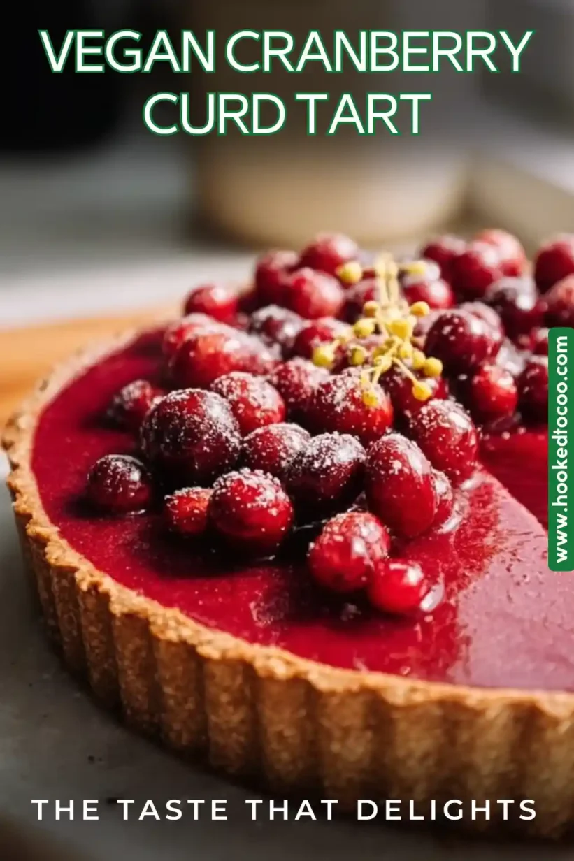 A colorful Vegan Cranberry Curd Tart ready to be served, showcasing the vibrant cranberry curd filling.