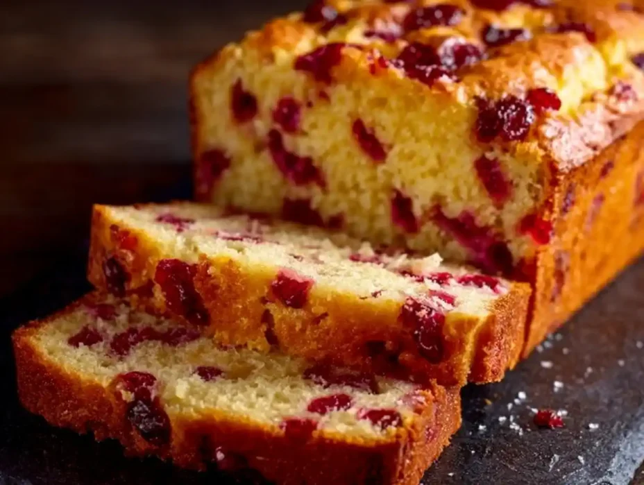 Freshly baked cranberry orange bread loaf on a wooden cutting board