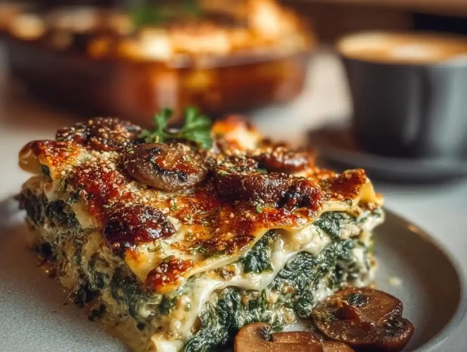 Creamy Spinach Mushroom Lasagna on a rustic table garnished with basil. 