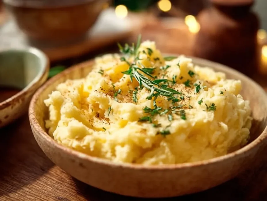 Delicious Garlic Cheddar Mashed Potatoes ready to serve