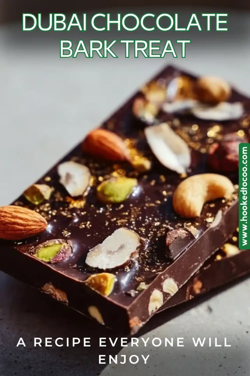 A beautifully presented Dubai Chocolate Bark Treat with dark chocolate, nuts, and dried fruits
