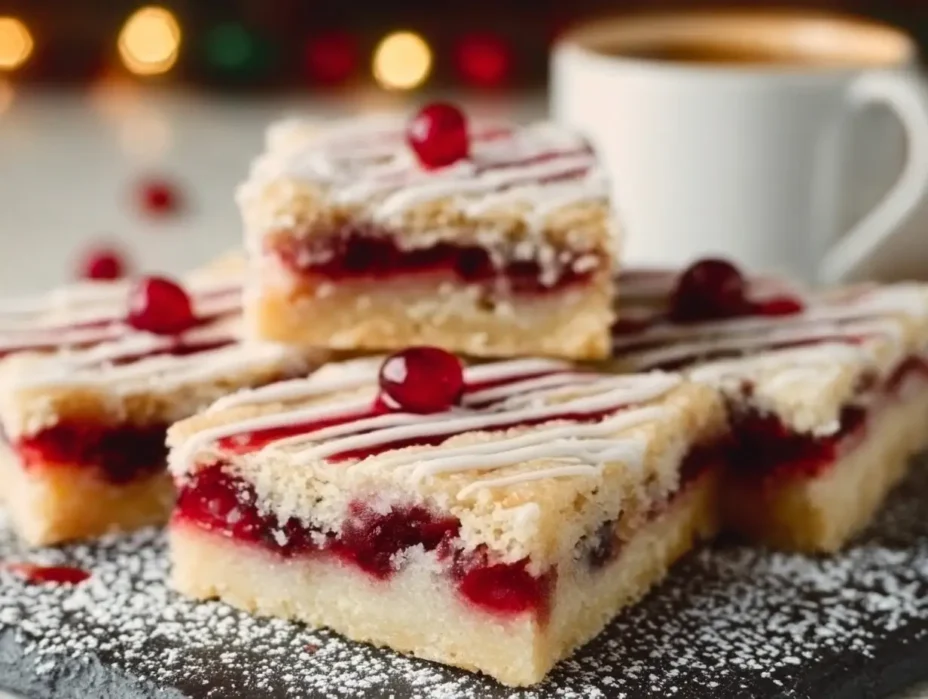 Festive Christmas Cherry Bars drizzled with glaze on a white plate.