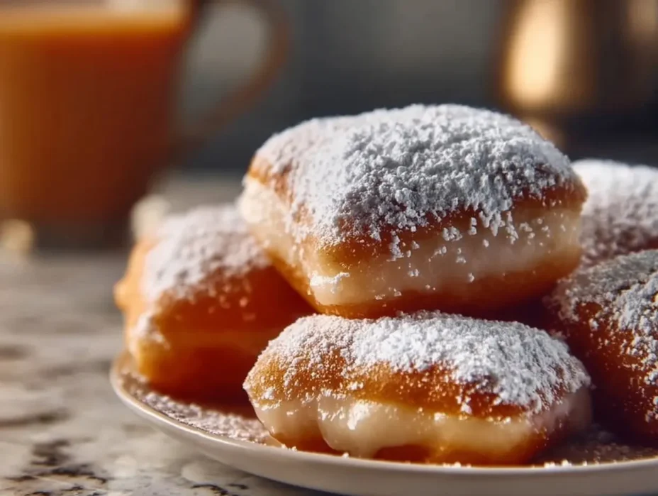Freshly made Vanilla French Beignets dusted with powdered sugar, perfect for any occasion