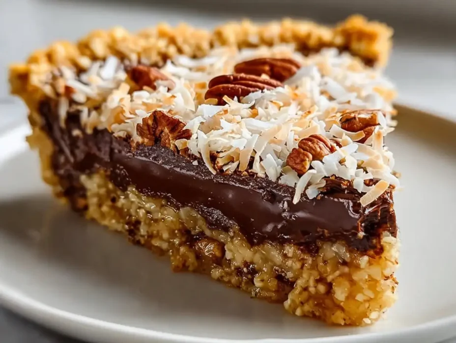 Delicious slice of no-bake German chocolate pie with chocolate topping