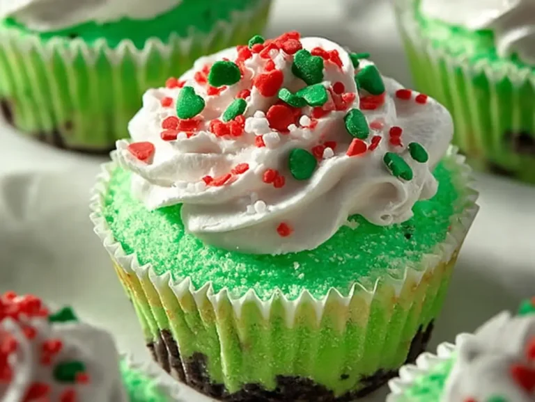 Mini Grinch Cheesecakes topped with festive red and green decorations