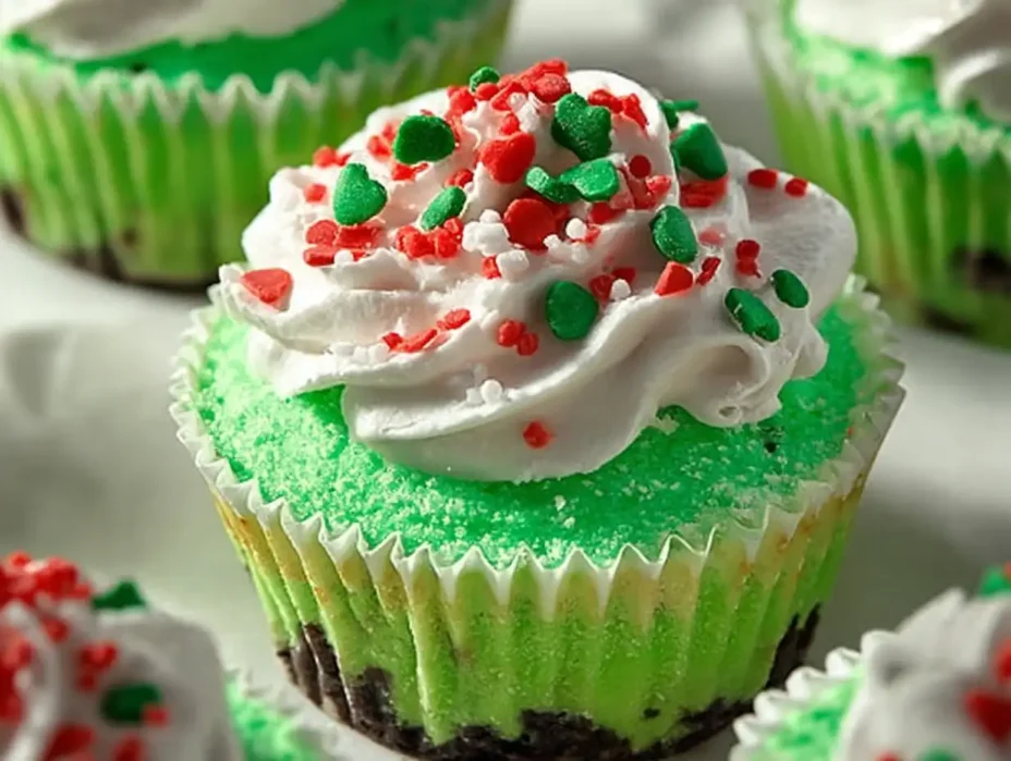 Mini Grinch Cheesecakes topped with festive red and green decorations