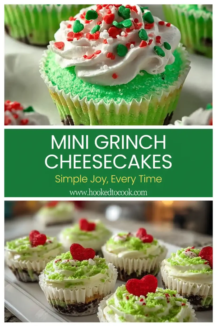Mini Grinch Cheesecakes served on a festive plate, adorned with small red hearts.