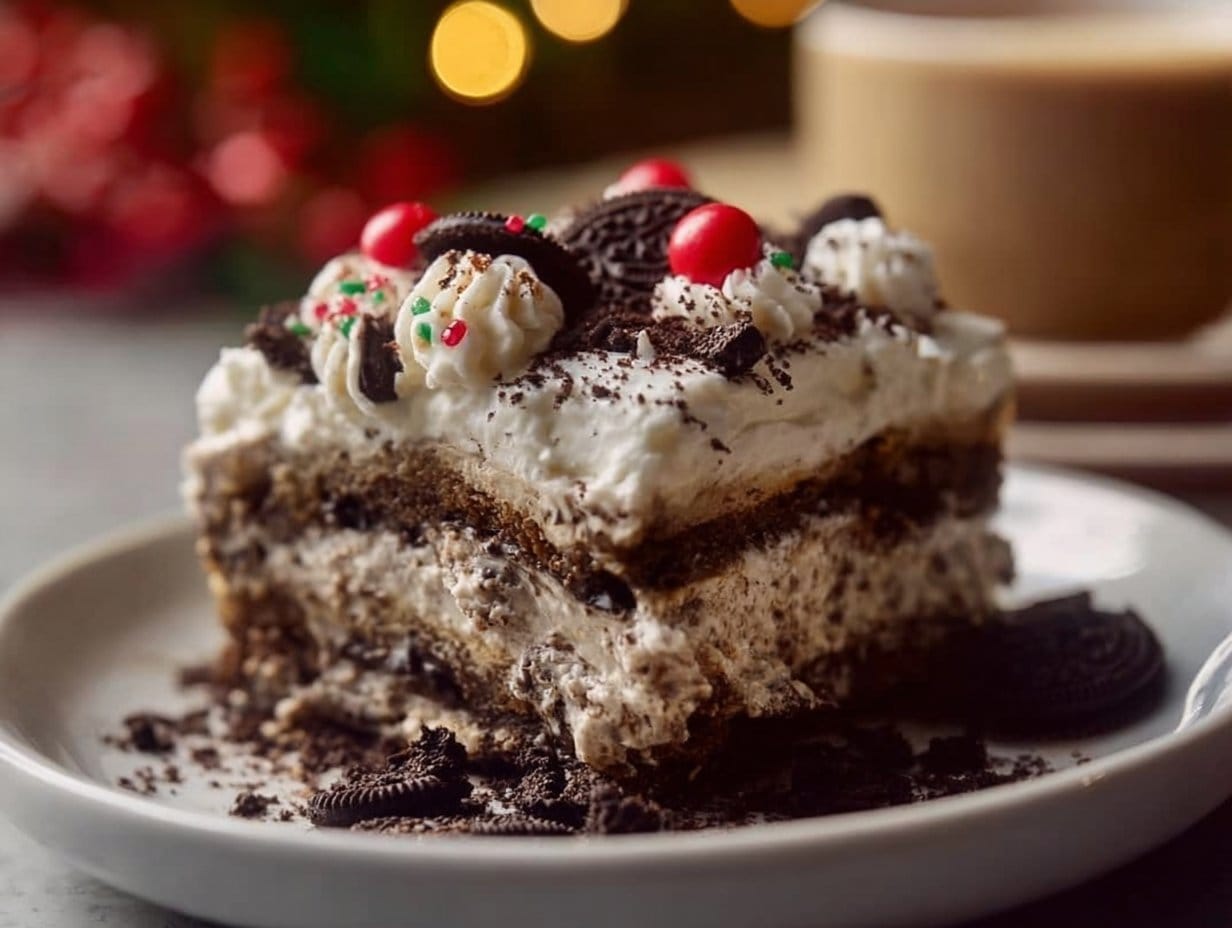 No Bake Christmas Oreo Lasagna garnished with crushed candy canes and sprinkles