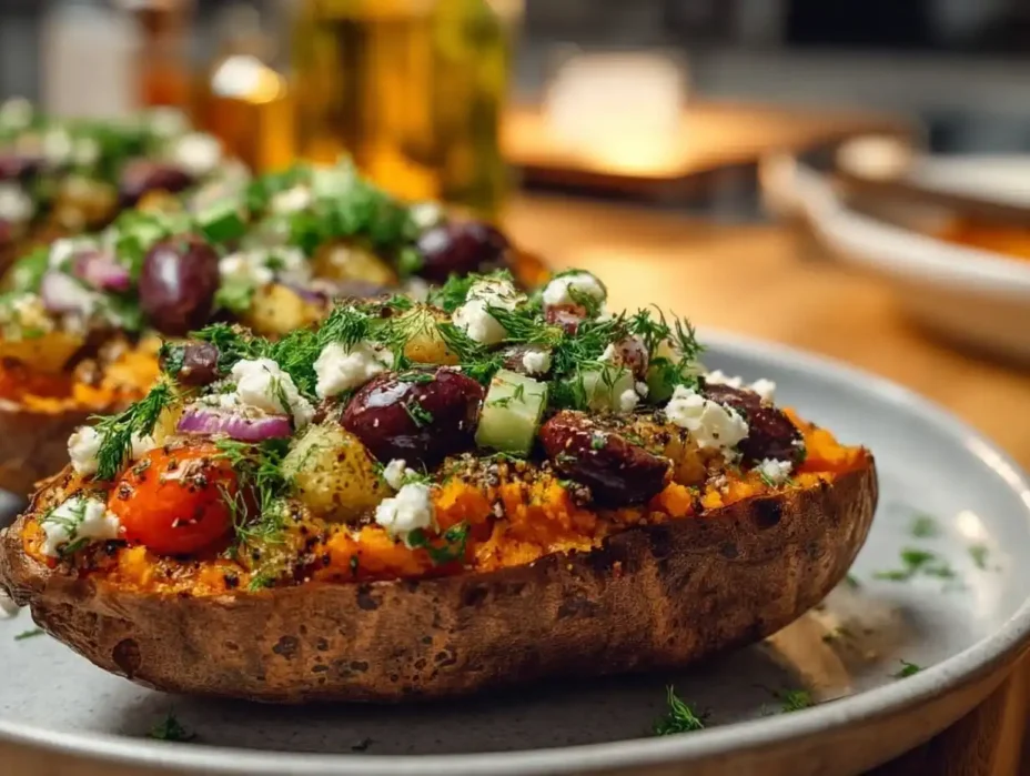 Mediterranean Stuffed Sweet Potatoes, filled with chickpeas and veggies, a vibrant and healthy dish