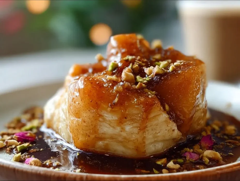A beautiful arrangement of Peach Dumplings topped with orange blossom syrup, pistachios, and edible rose petals.