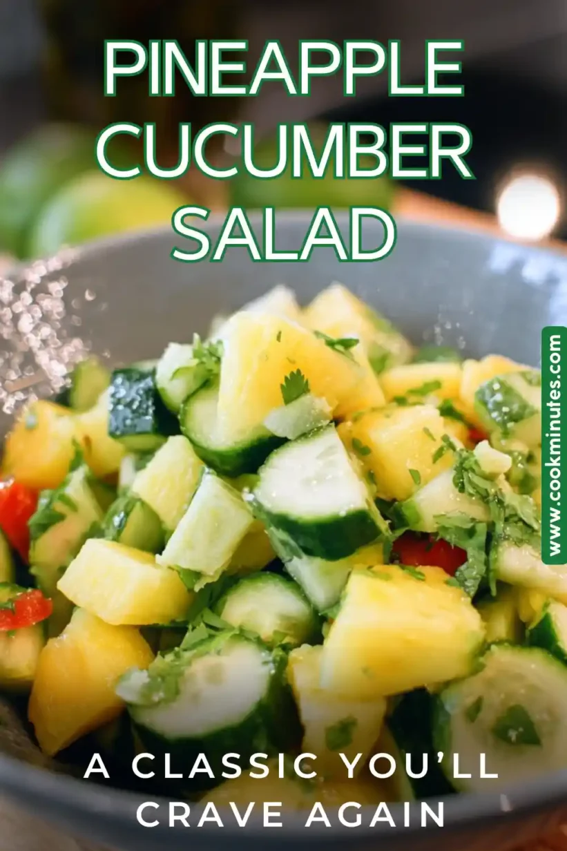 A colorful Pineapple Cucumber Salad garnished with cilantro, highlighting the tropical flavors.