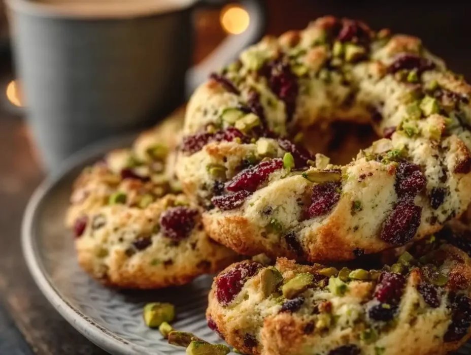 Delicious Pistachio Cranberry Wreath Cookies freshly baked