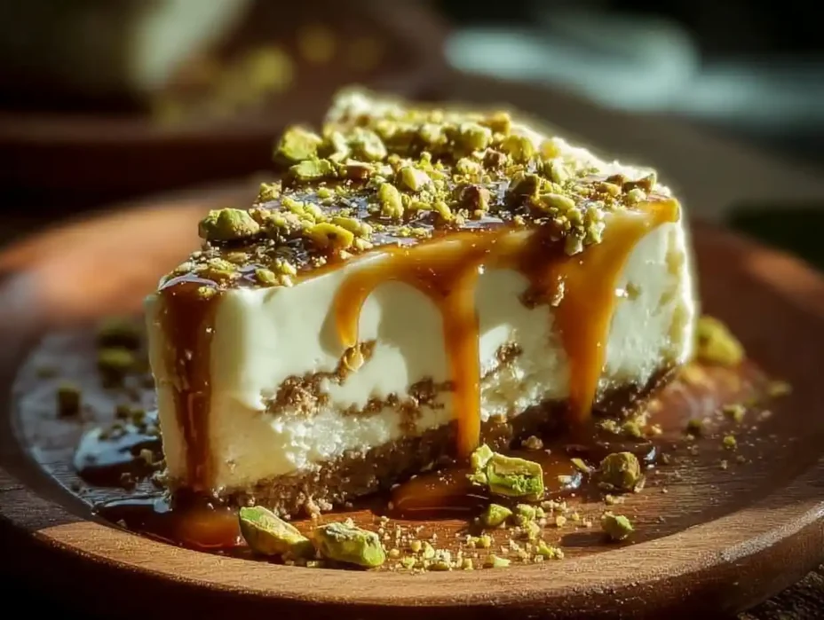 Heavenly Pistachio White Chocolate Cheesecake topped with nuts and white chocolate shavings.