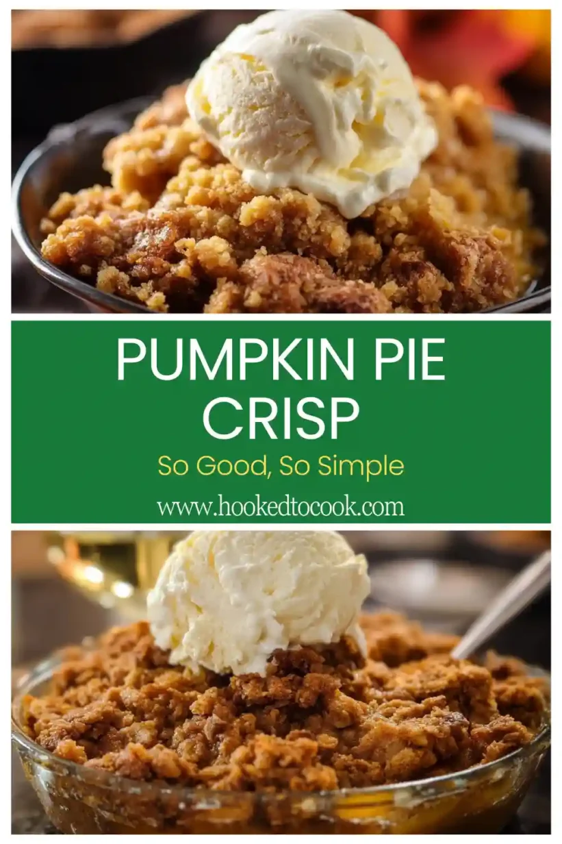 Delicious Pumpkin Pie Crisp topped with crunchy pecans and a warm spiced filling.