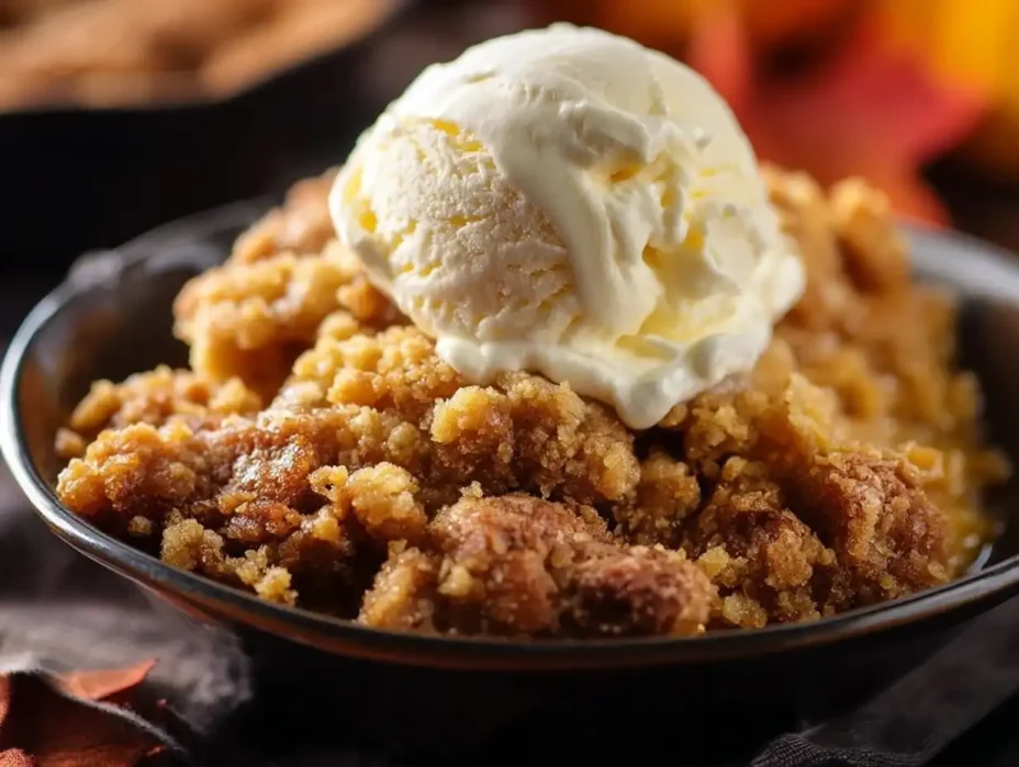 Pumpkin Pie Crisp dessert topped with a crispy layer, perfect for fall celebrations.