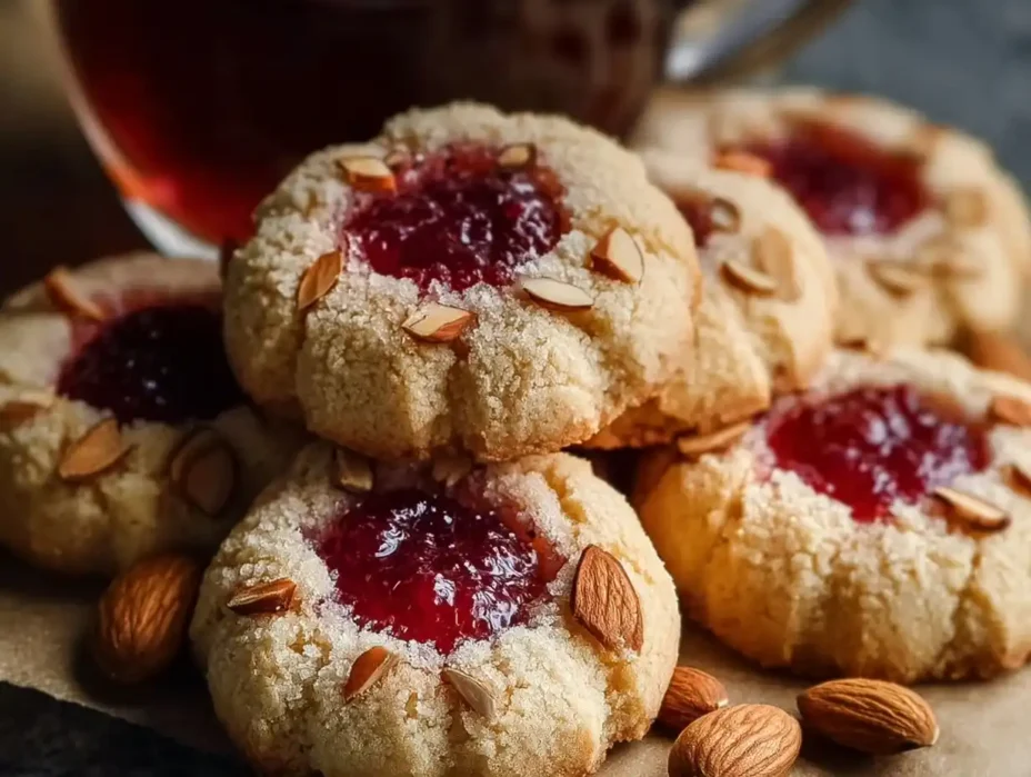 Raspberry Almond Shortbread Thumbprint Cookies with raspberry jam filling