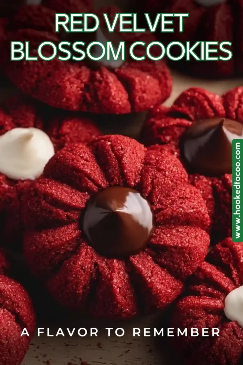 Red Velvet Blossom Cookies topped with cheerful sprinkles and classic Hershey's Kisses, perfect for any festive occasion.