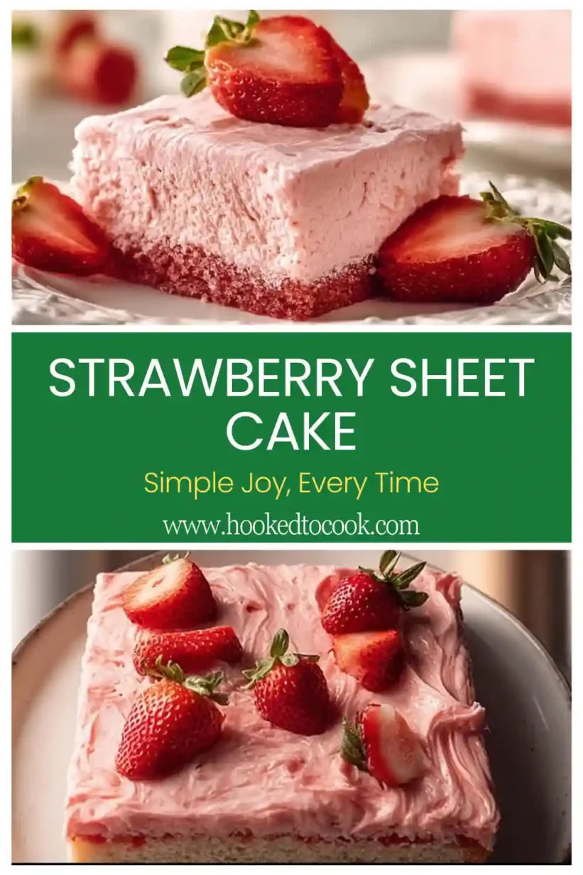 Strawberry Sheet Cake with fresh strawberries pureed in the cake and diced strawberries in the frosting for extra flavor.