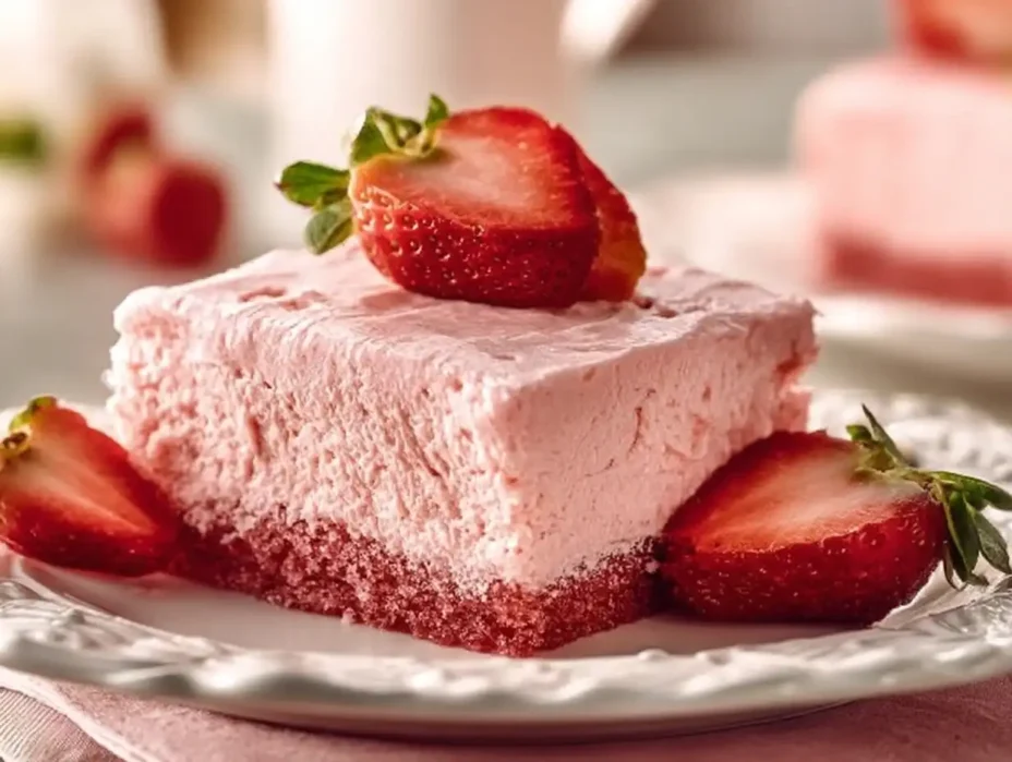 Delicious homemade Strawberry Sheet Cake topped with fresh strawberries.