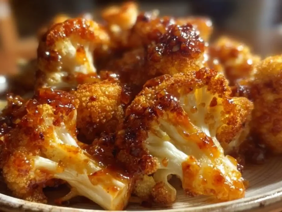 Sweet and spicy baked cauliflower served in a bowl, garnished with herbs.
