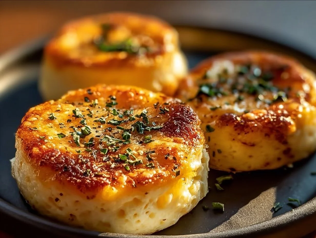 Baked cottage cheese eggs served in a dish, garnished with herbs.