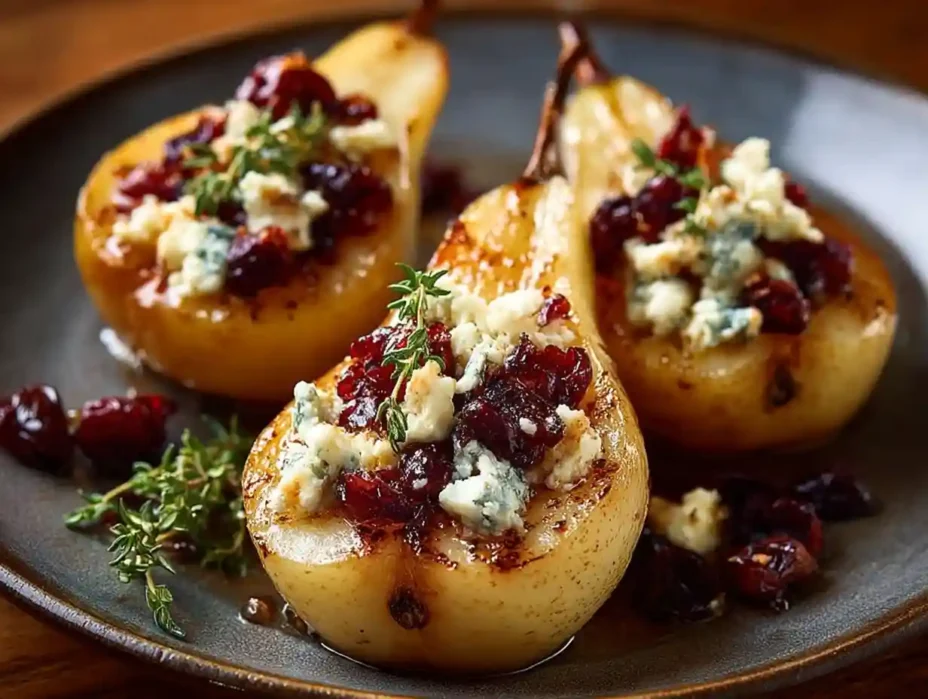 Baked pears topped with feta cheese and cranberries, perfect fall dessert.