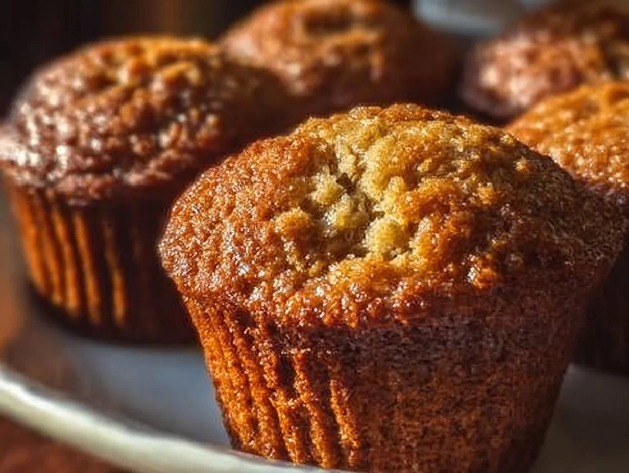 Freshly baked Banana Oatmeal Muffins on a wooden table