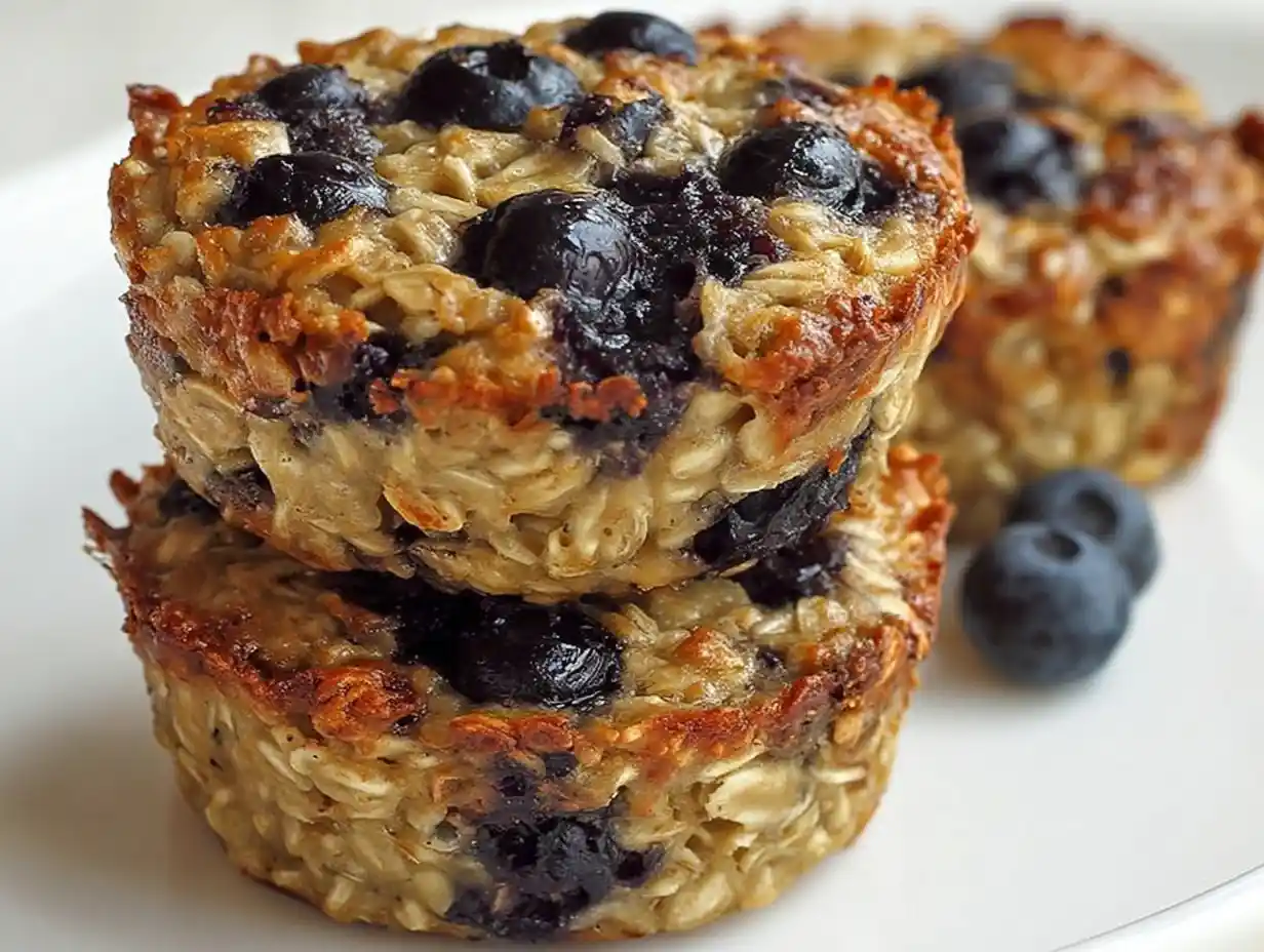 Baked blueberry banana oatmeal cups served on a plate