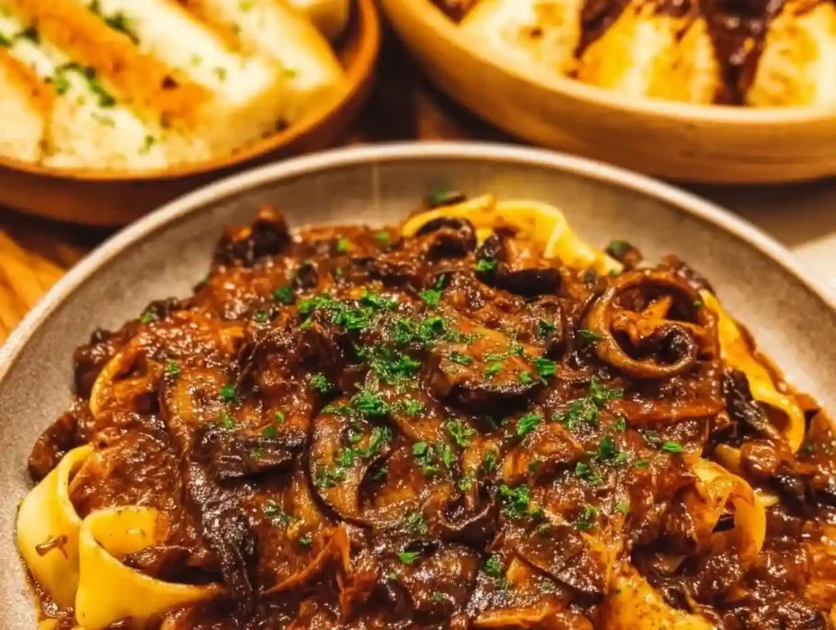 Enjoy a delicious bowl of Mushroom Ragu with fettuccine and fresh basil.