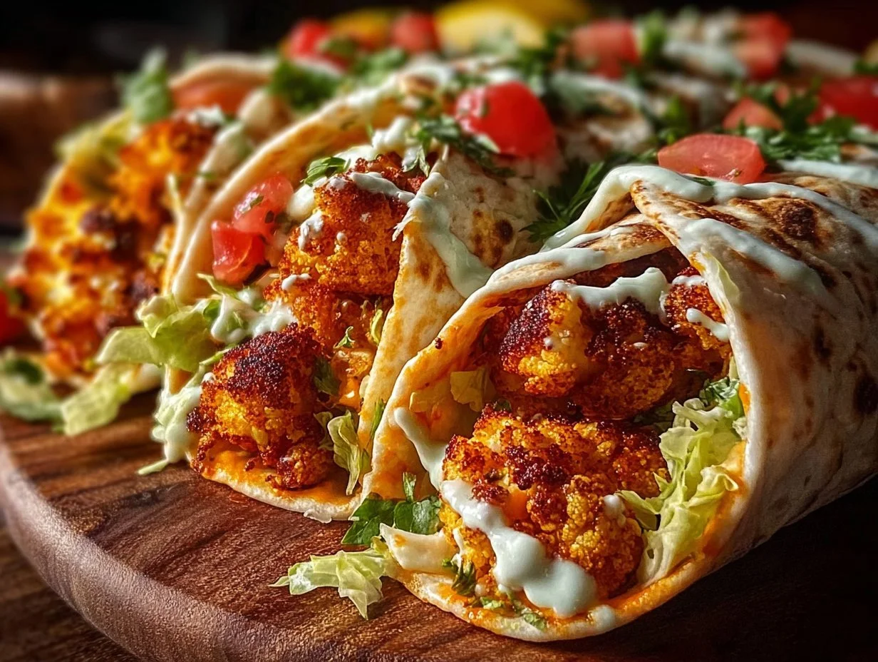 Delicious Buffalo Cauliflower Wrap stuffed with fresh veggies and spicy sauce