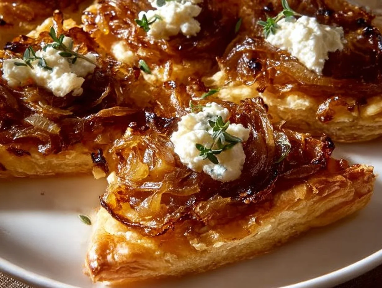 Caramelized Onion Goat Cheese Tarts for Parties on a platter, garnished elegantly.