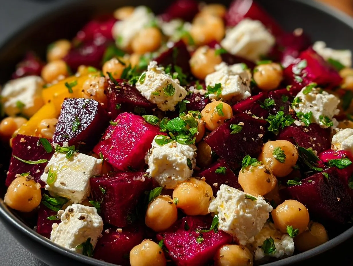 Chickpea Beet Feta Salad with vibrant colors and nutritious ingredients.
